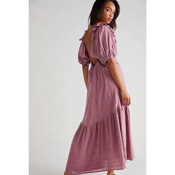 Free People Kaylyn M Maxi‎ Dress Mauve Ruffle Neck Lace up Tie Back Tiered Boho - Picture 2 of 13